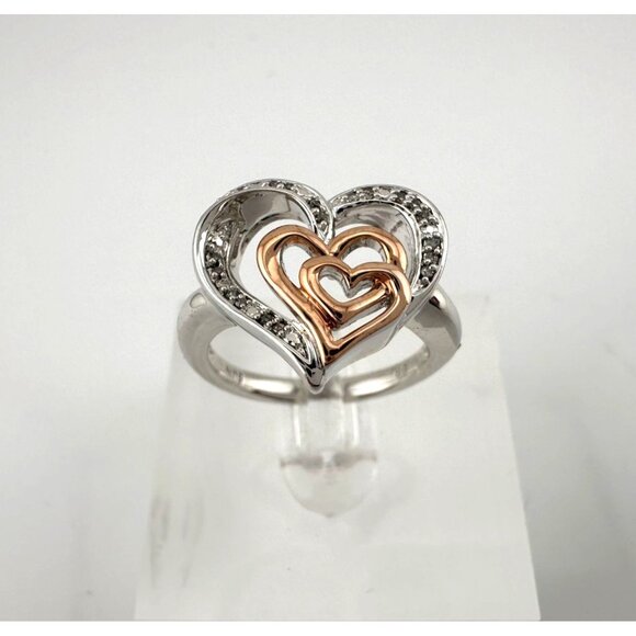 Natural Diamond Triple Heart Ring - Two Tone - Size 7.25 - Picture 2 of 16